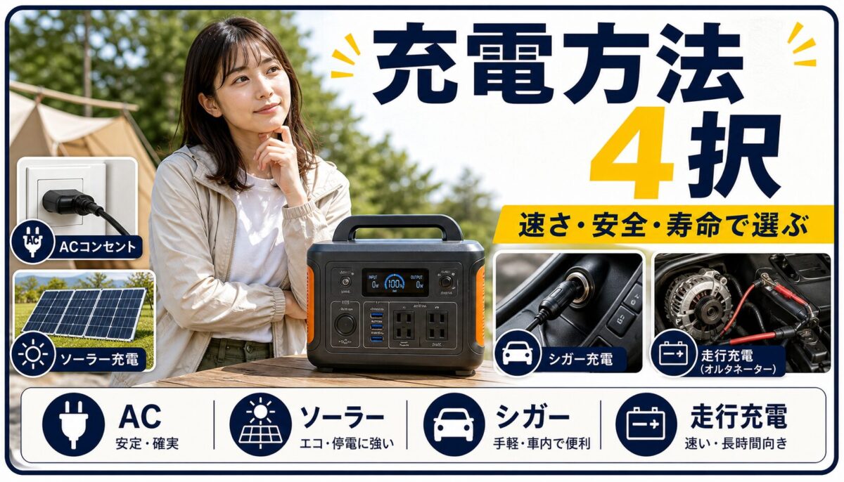 ポータブル電源の4つの充電方法を比較するアイキャッチ画像
