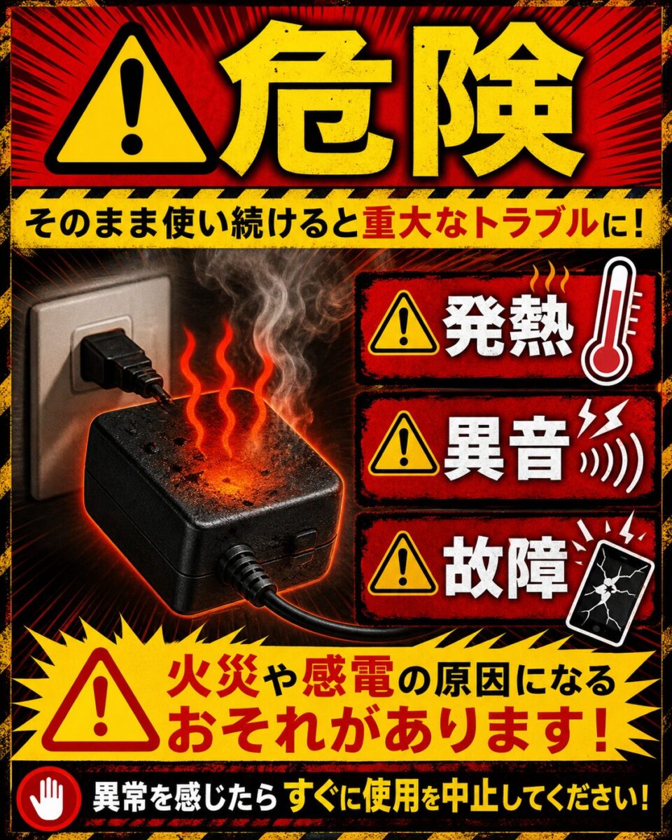 疑似正弦波がACアダプターの過熱や精密機器の誤作動、寿命低下を引き起こす可能性を解説した注意喚起図解
