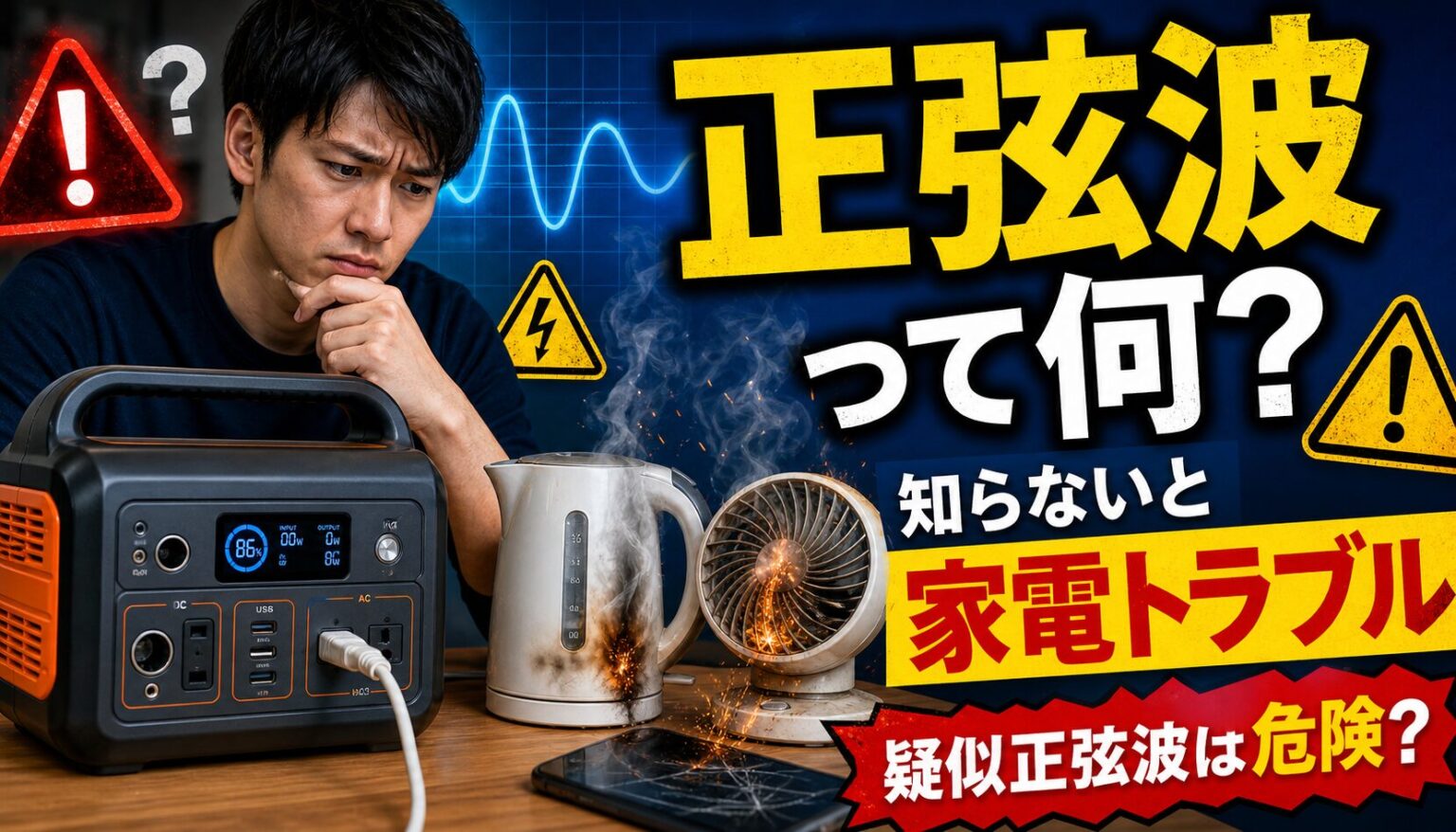 ポータブル電源の正弦波が分からず悩む男性と家電トラブルの警告イメージ