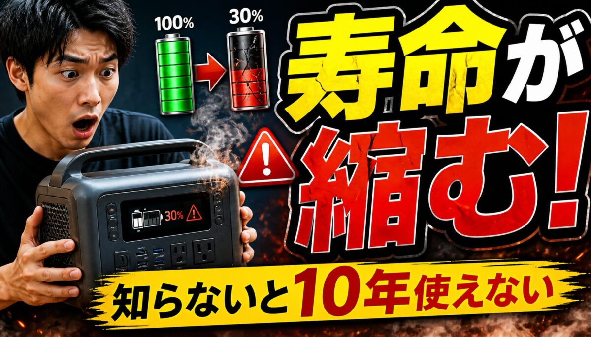 ポータブル電源を手に驚く男性と、満充電から劣化したバッテリーの比較を示し、寿命は使い方次第で大きく変わることを強調した注意喚起画像
