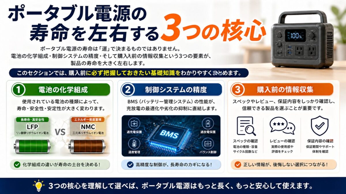 ポータブル電源の寿命は電池の化学組成・制御システム（BMS）の精度・購入前の情報収集の3要素で決まることを図解で示し、LFPとNMCの比較やBMSの役割、選び方のポイントをわかりやすくまとめた横長インフォグラフィック