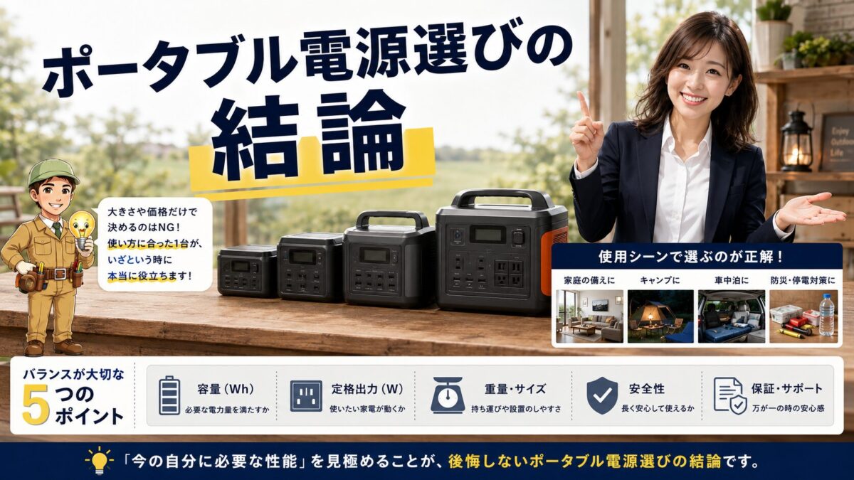 ポータブル電源選びは容量や価格だけでなく出力や重さや保証のバランスが大切だと示す画像