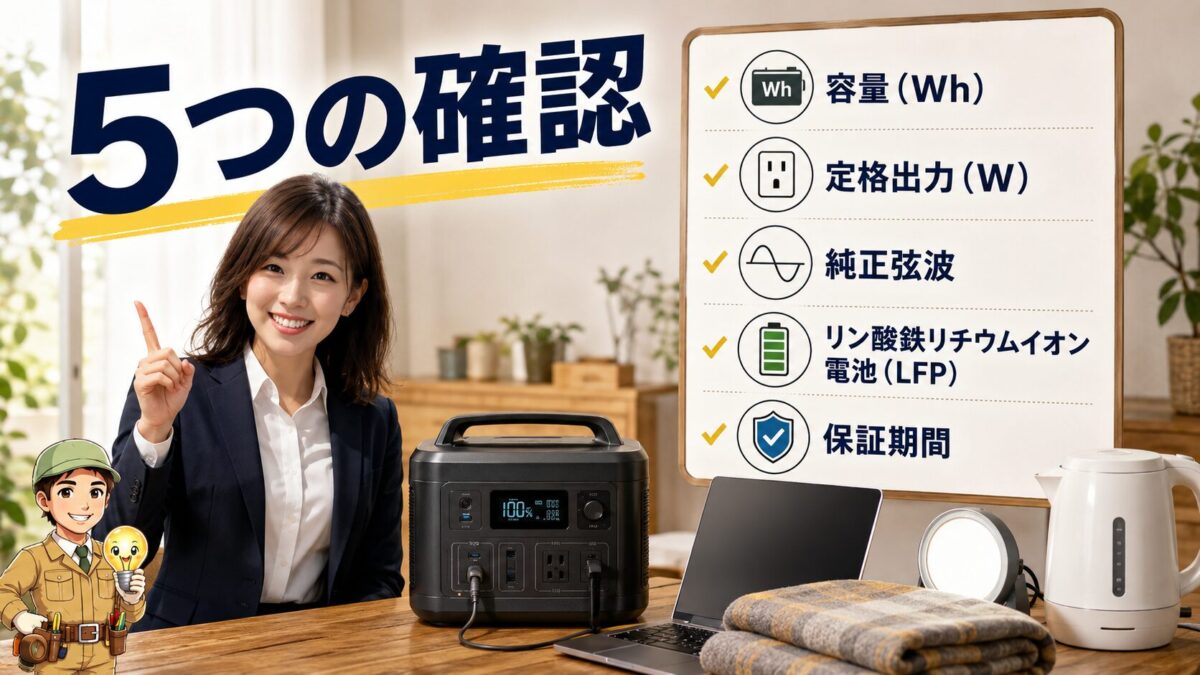 ポータブル電源購入前に容量や出力や電池素材や保証を確認する場面を表した画像