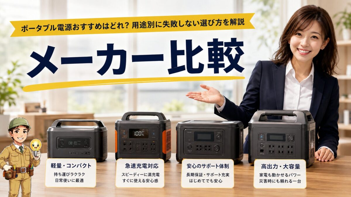 ポータブル電源メーカーごとの軽さや充電速度やサポートや出力の違いを比較する画像