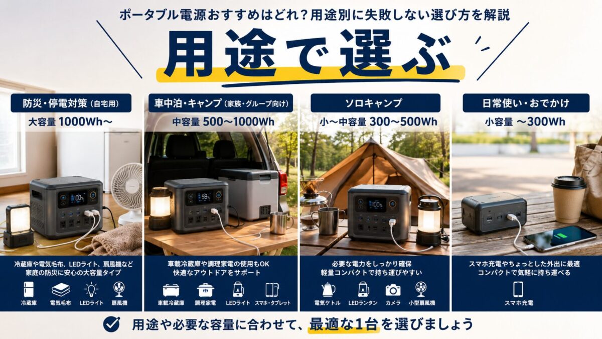 防災や車中泊やキャンプなど用途別に必要なポータブル電源の容量が変わることを示す画像