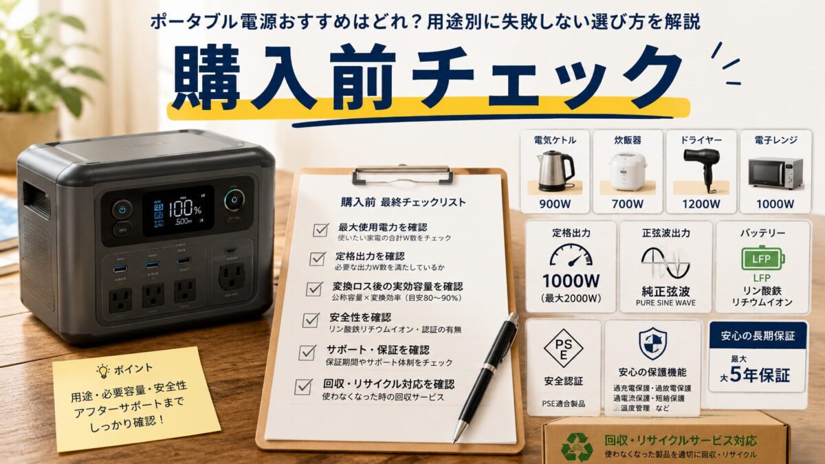 ポータブル電源を購入する前に出力や容量や保証や回収サービスを確認する様子の画像