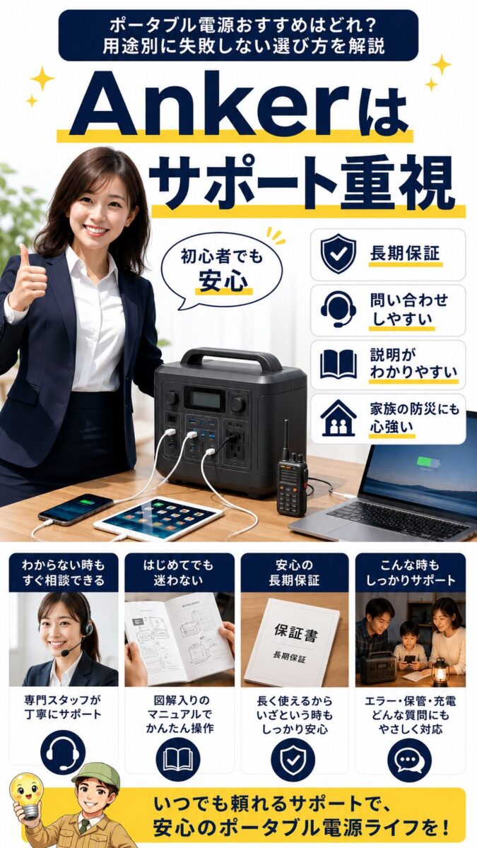 サポートや保証を重視する人に向くポータブル電源の安心感を表す画像