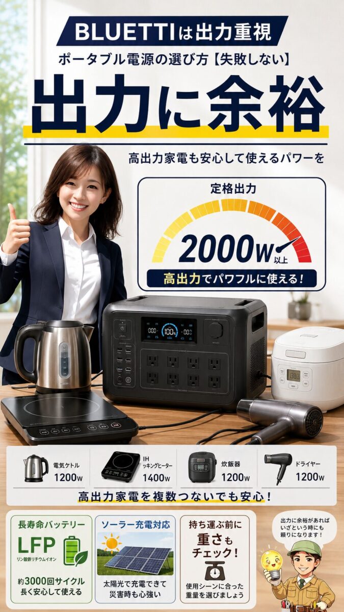 高出力家電を使いたい人には出力に余裕があるポータブル電源が向くことを示す画像