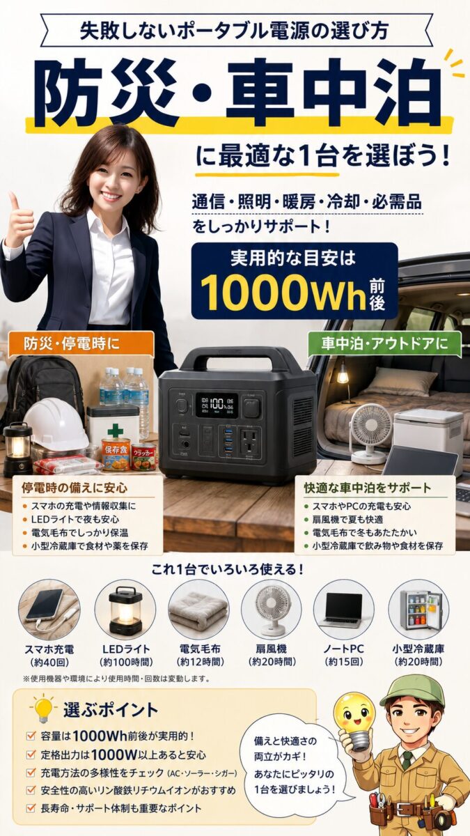 防災と車中泊では1000Wh前後のポータブル電源がスマホや照明や電気毛布に役立つことを示す画像