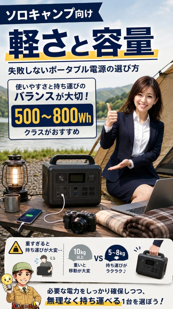 ソロキャンプでは500Whから800Wh前後の軽く持ち出しやすいポータブル電源が使いやすいことを示す画像