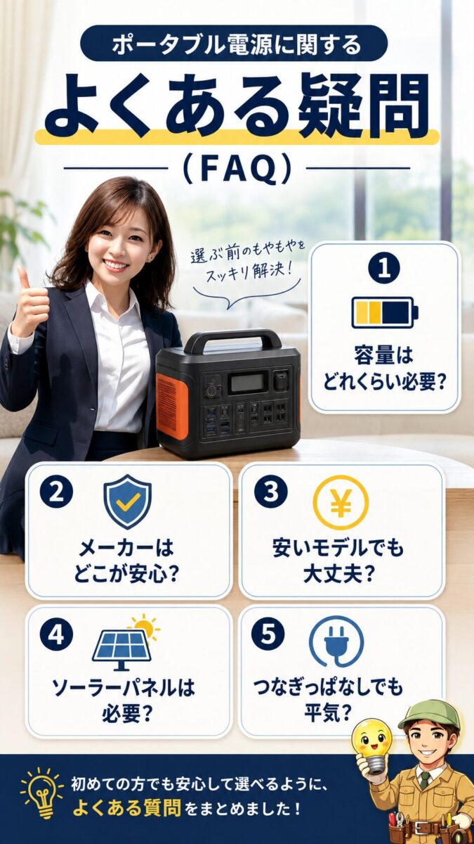 ポータブル電源の容量やメーカーやソーラーパネルなど初心者のよくある疑問を整理する画像