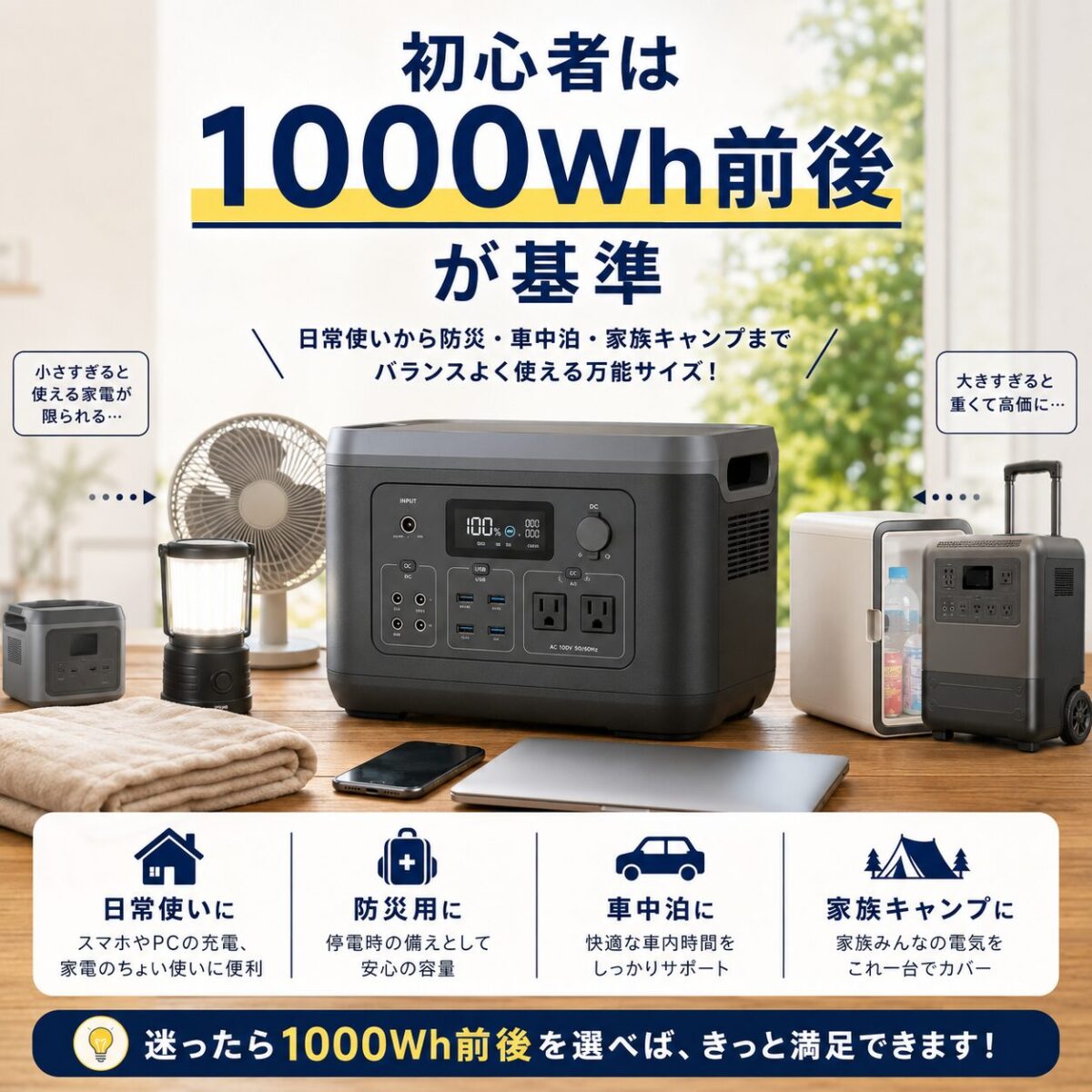 初心者のポータブル電源選びでは1000Wh前後が使いやすい基準になることを示す画像
