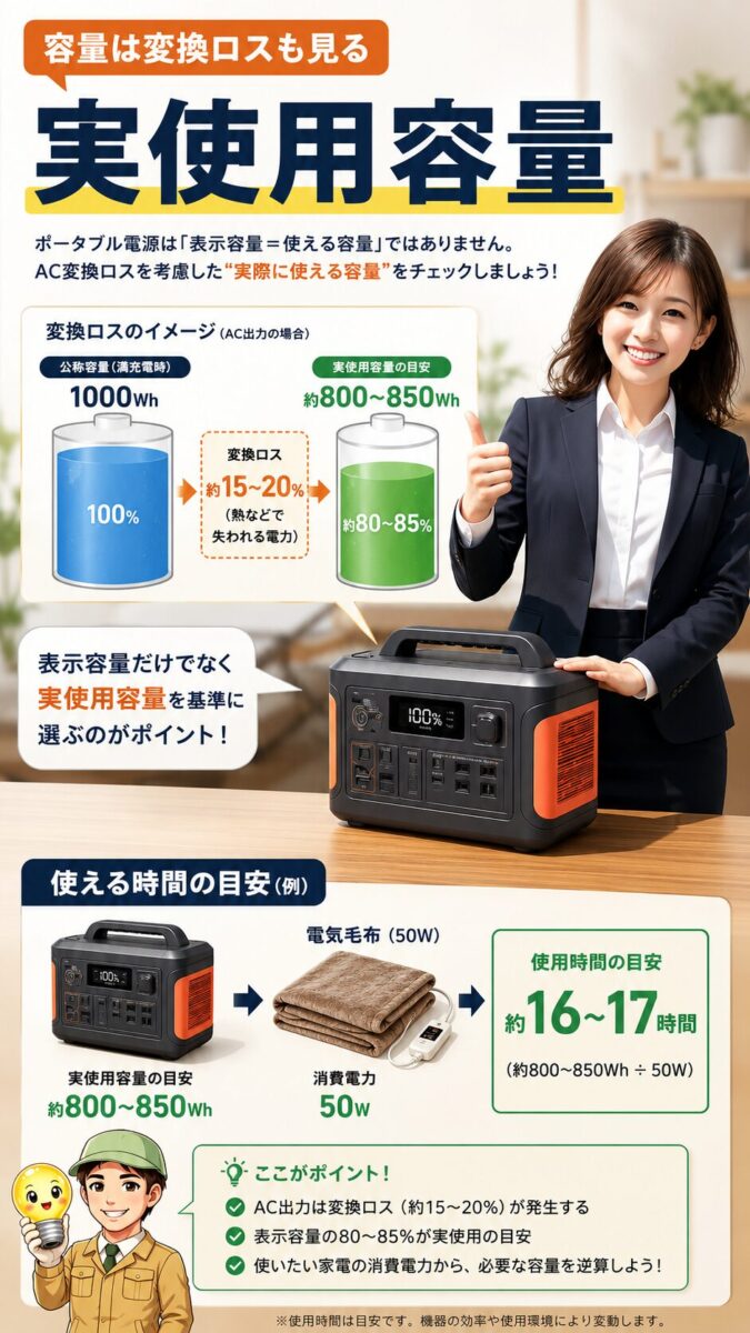 ポータブル電源の公称容量と実際に使える容量には変換ロスがあることを示す画像