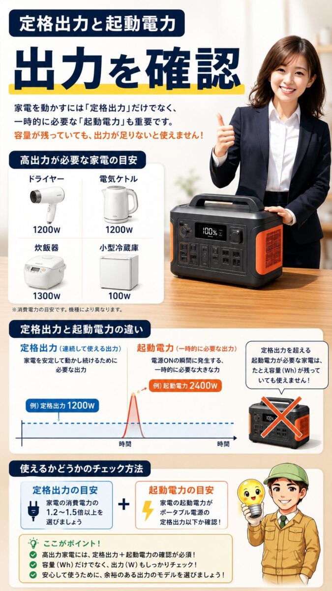ポータブル電源では容量だけでなく定格出力と起動電力の確認が必要だと示す画像