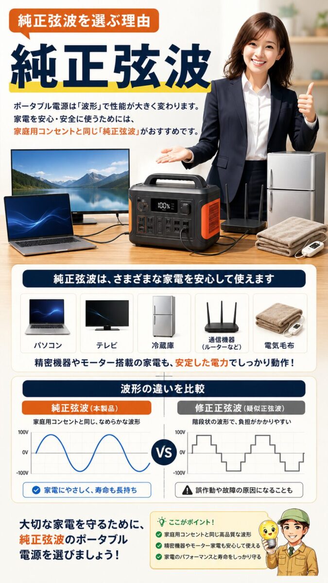 精密機器や家電を安定して使うために純正弦波のポータブル電源を選ぶ理由を示す画像
