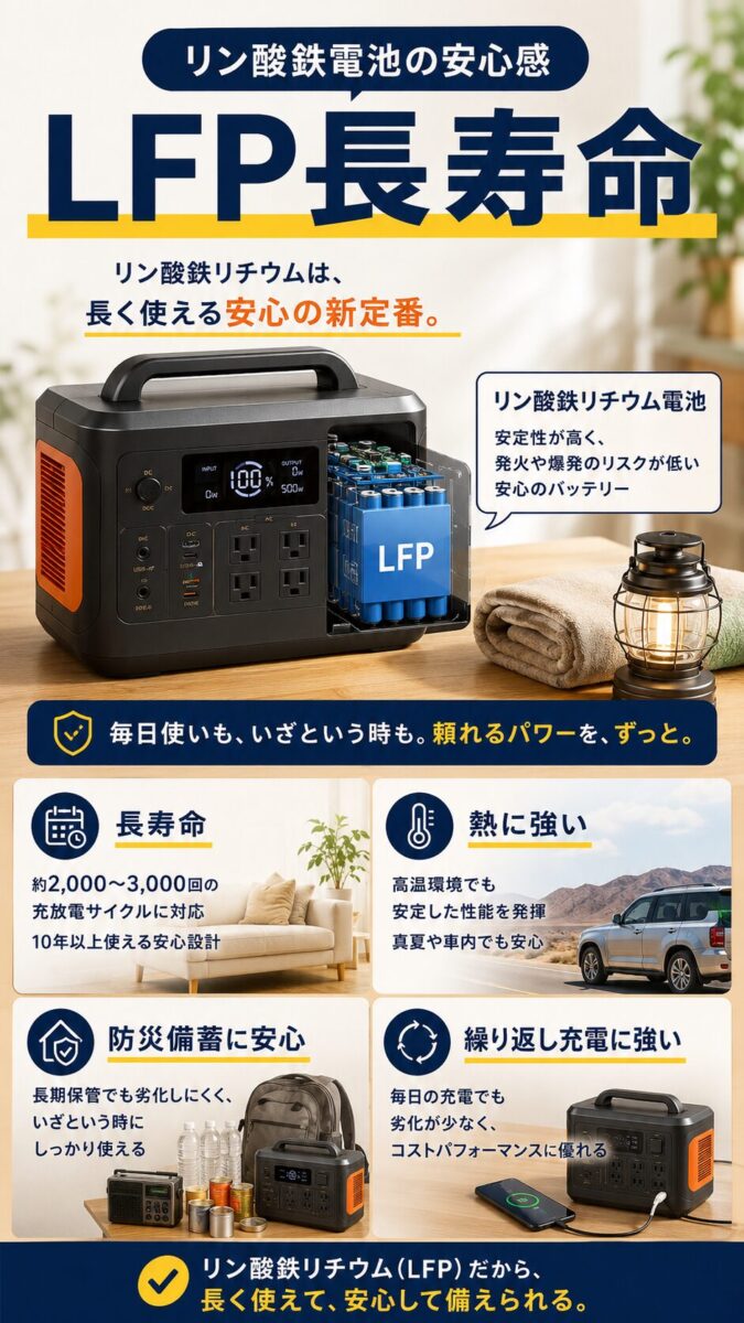 リン酸鉄リチウム電池の長寿命と安全性がポータブル電源選びで安心材料になることを示す画像