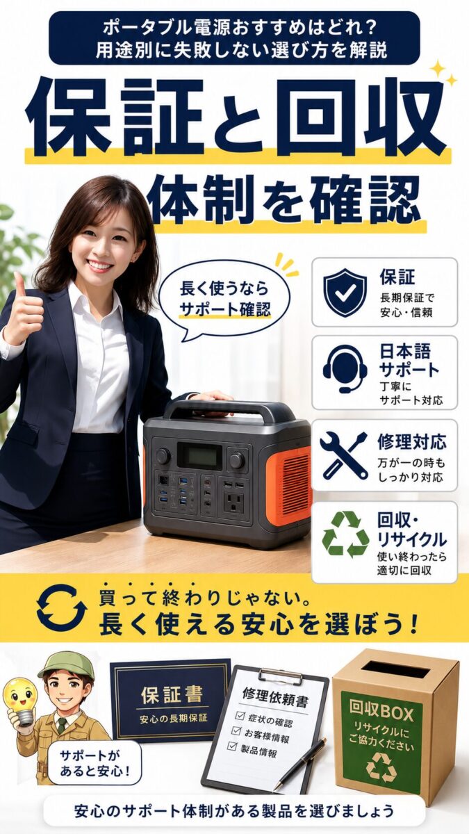 ポータブル電源は購入前に保証や日本語サポートや回収サービスを確認すべきだと示す画像