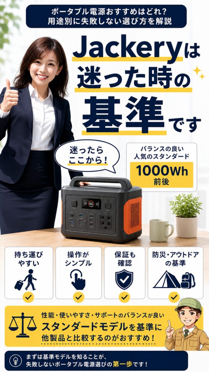 迷った時は1000Wh前後の扱いやすいポータブル電源を基準に比較すると選びやすいことを示す画像
