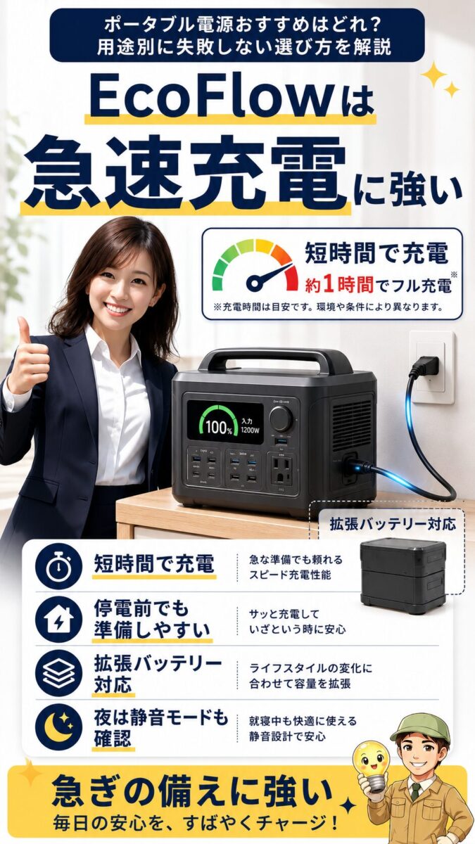 急速充電や拡張性に強いポータブル電源が停電前の準備に役立つことを示す画像
