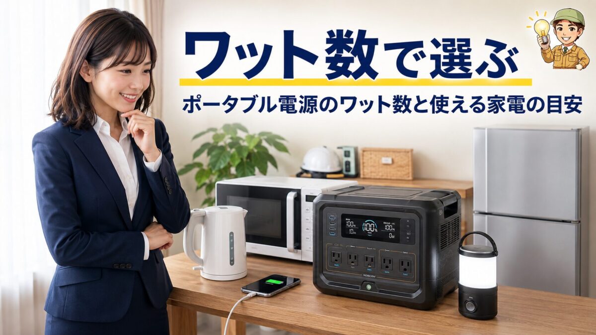 ポータブル電源のワット数と使える家電の目安を表すアイキャッチ画像
