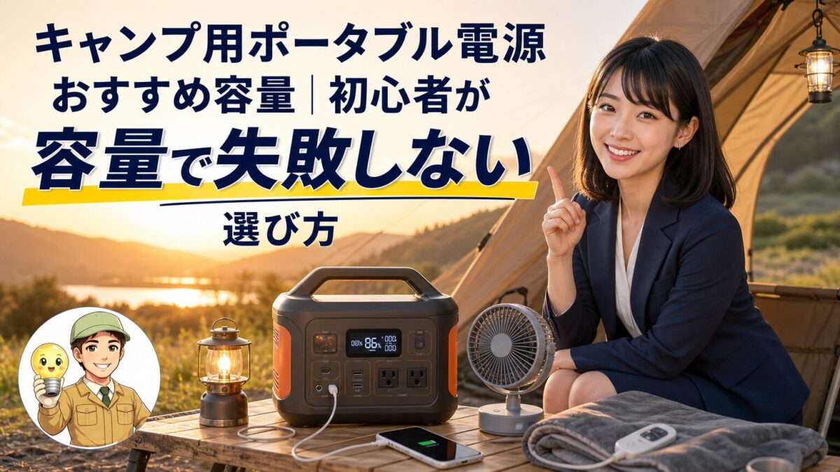 キャンプ用ポータブル電源の容量選びをイメージしたアイキャッチ画像