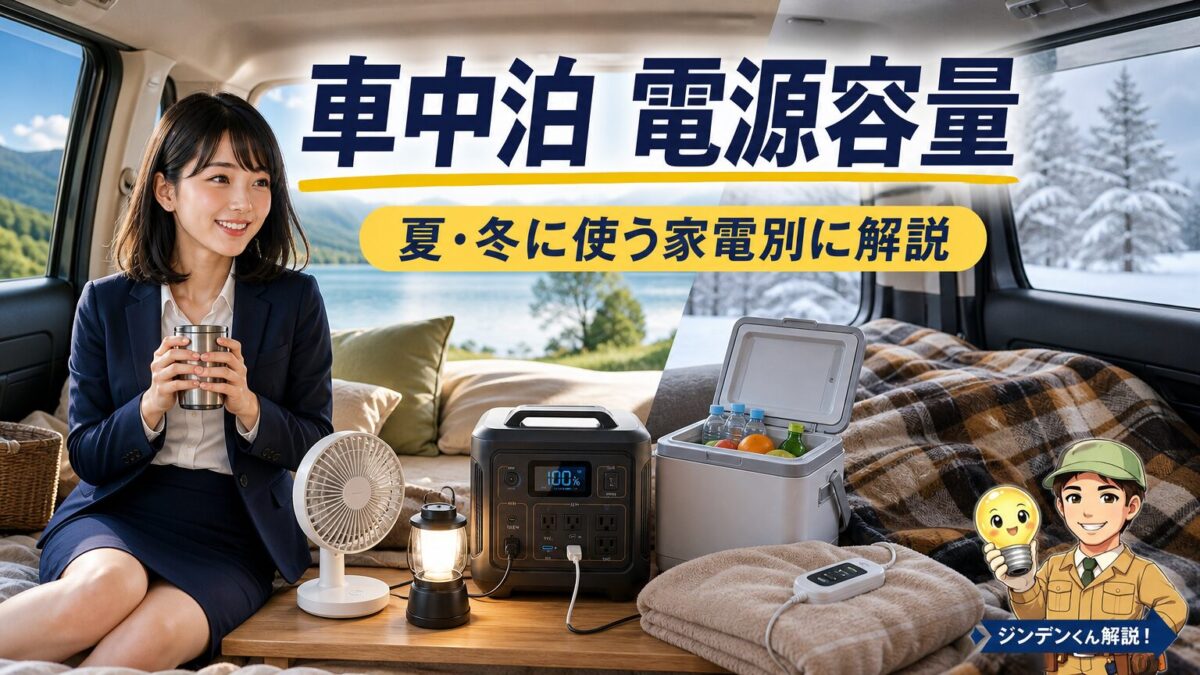 車中泊で使うポータブル電源と夏冬の家電を並べた容量選びのイメージ