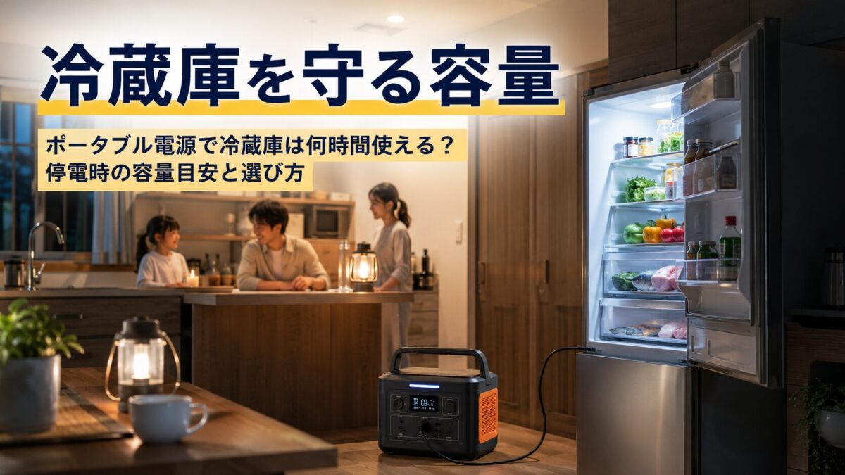 停電時にポータブル電源で冷蔵庫を守る容量目安を表したアイキャッチ画像