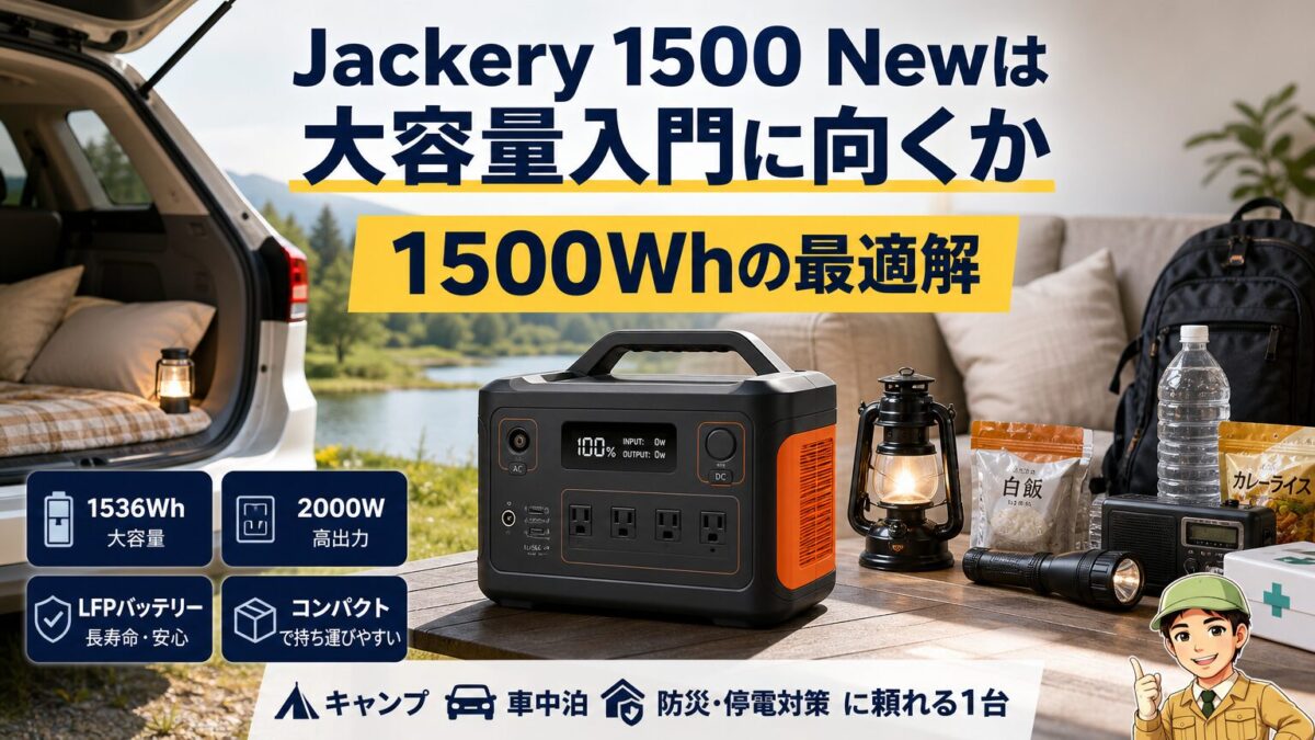Jackery 1500 Newを中心に1500Wh帯の大容量入門モデルとしての魅力を表したアイキャッチ画像