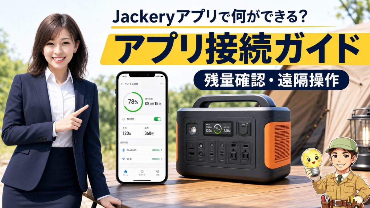 Jackeryアプリの接続方法と使い方を示すポータブル電源とスマホ画面のアイキャッチ画像
