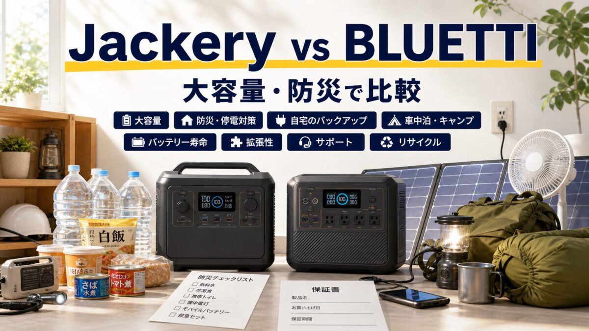 JackeryとBLUETTIの大容量ポータブル電源を防災用途で比較する画像