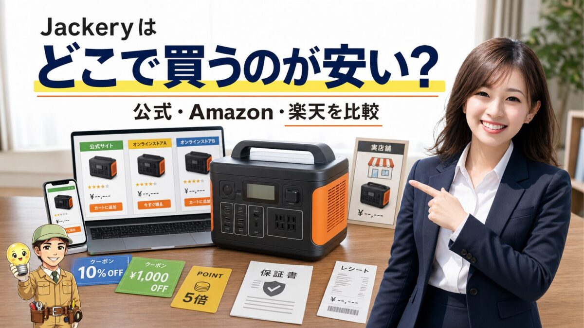 Jackeryを公式サイトやAmazonや楽天で比較して安く買う方法を表したアイキャッチ画像