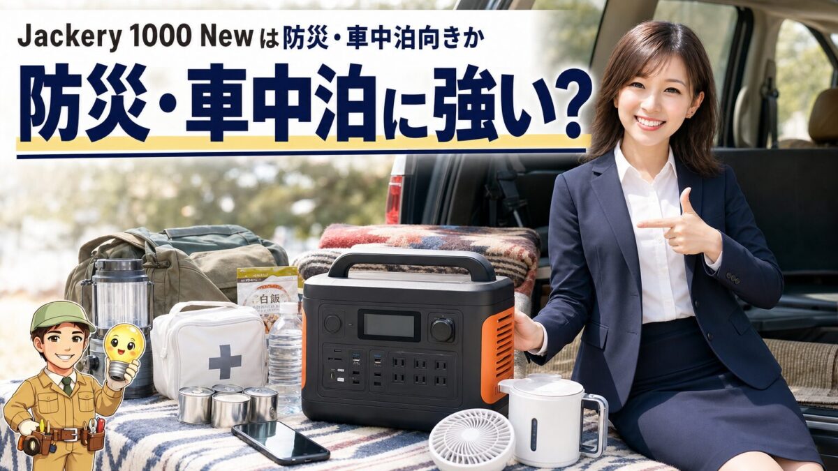 Jackery 1000 Newが防災や車中泊に向くかを示すポータブル電源の画像