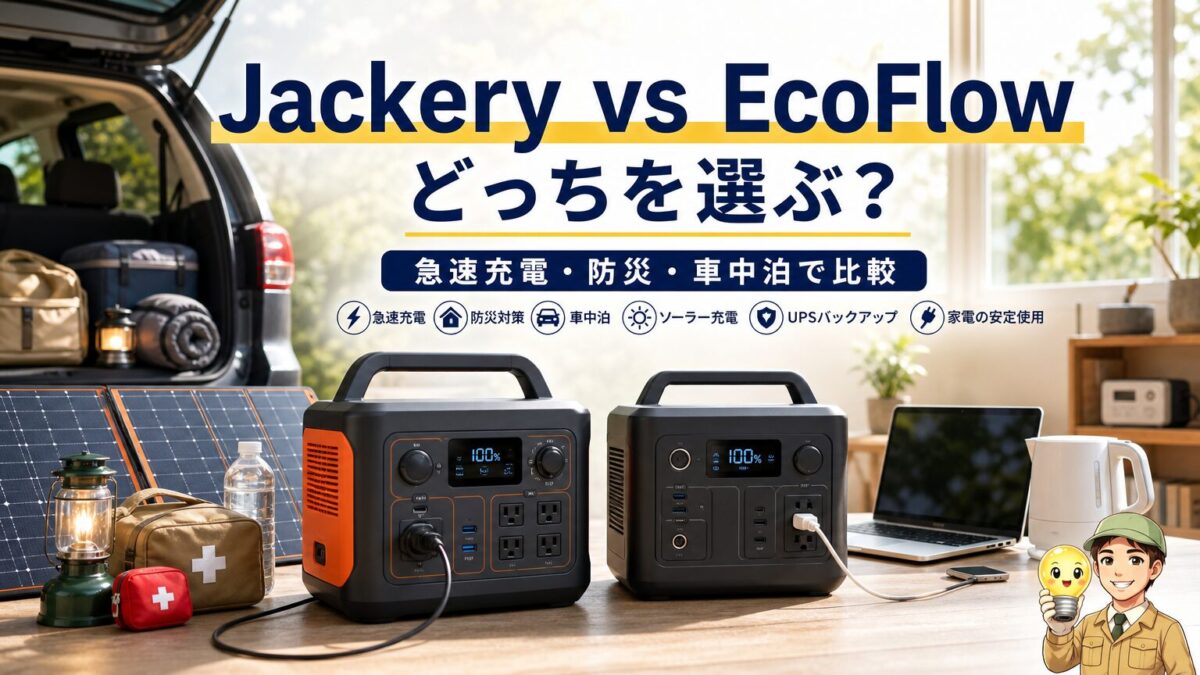 JackeryとEcoFlowのポータブル電源を急速充電や防災や車中泊で比較する画像