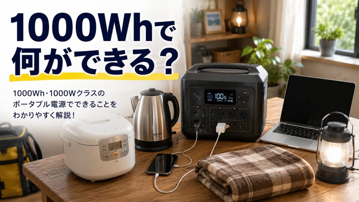 1000Wh・1000Wクラスのポータブル電源で使える家電や用途を示した画像