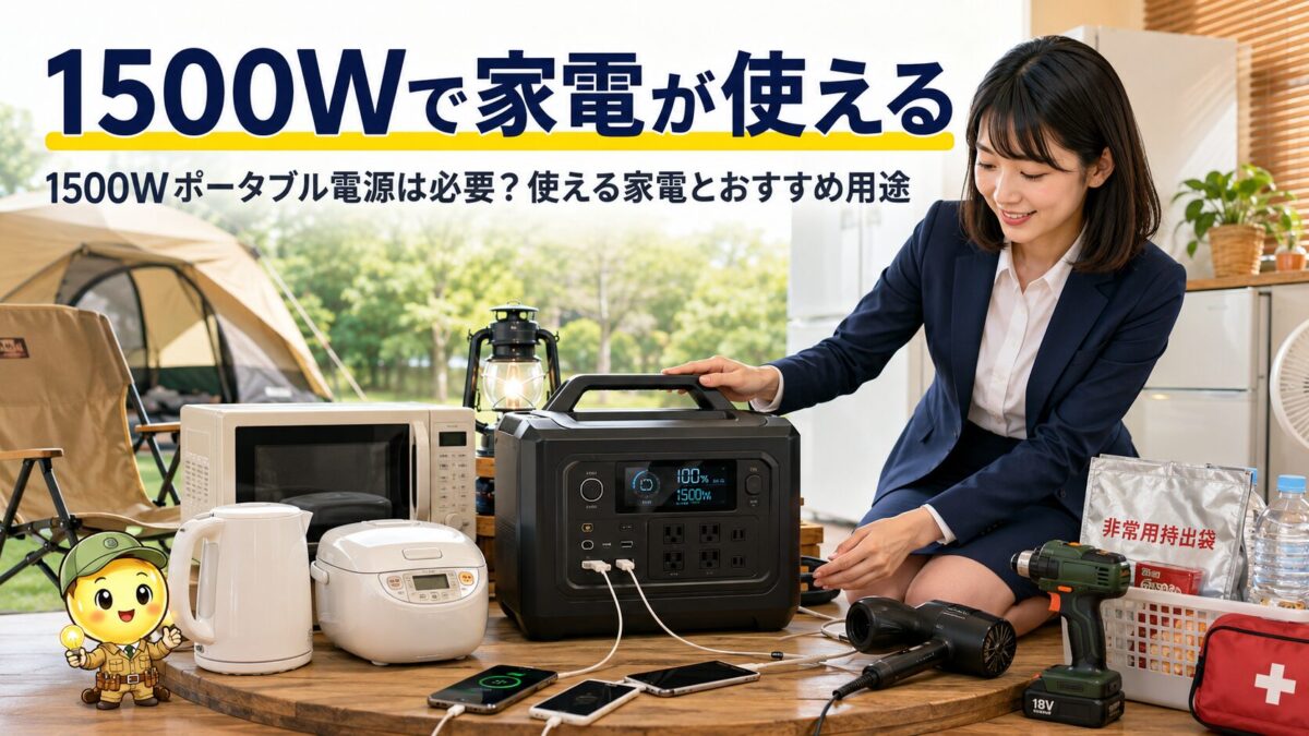1500Wポータブル電源で家電を使う実用シーンを表したアイキャッチ画像