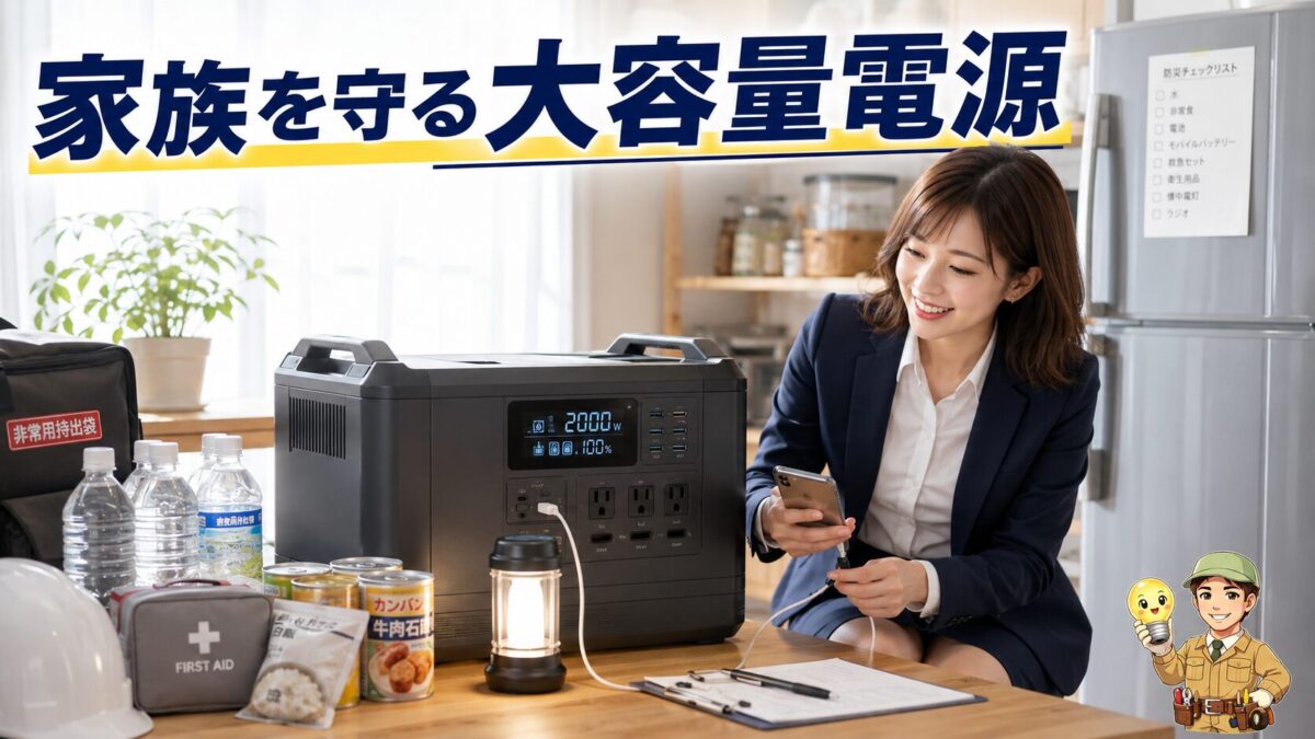 2000Whクラスのポータブル電源を中心に、家庭の防災対策と家族の安心を表現したアイキャッチ画像