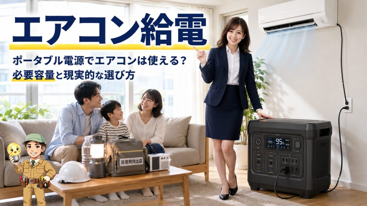 停電時にポータブル電源で家庭用エアコンへ給電している様子