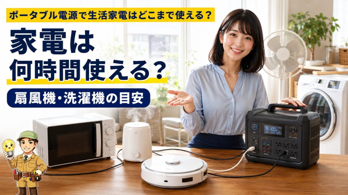 ポータブル電源で扇風機や洗濯機などの生活家電を使う目安を示すブログ用アイキャッチ画像