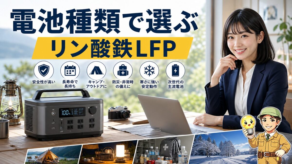 ポータブル電源の電池種類とリン酸鉄LFPの選び方を表したアイキャッチ画像