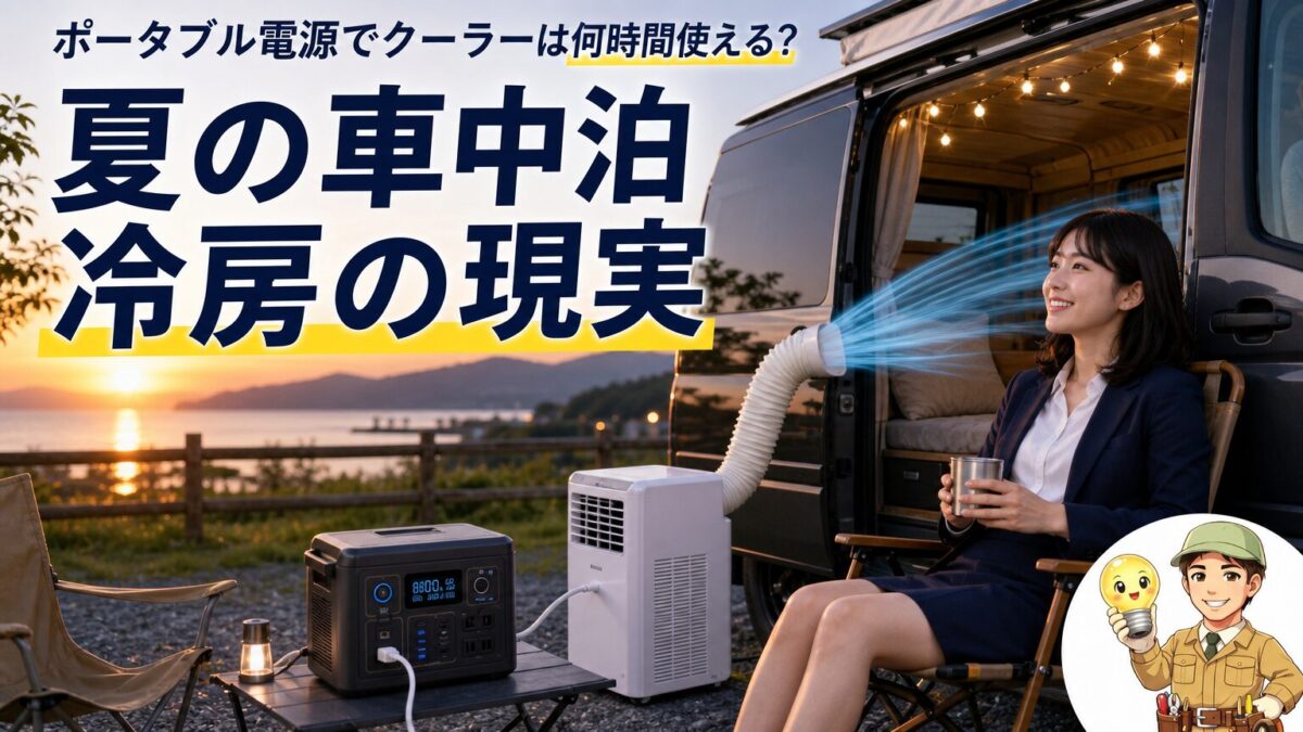 夏キャンプや車中泊でポータブル電源とクーラーを使う現実を表したアイキャッチ画像