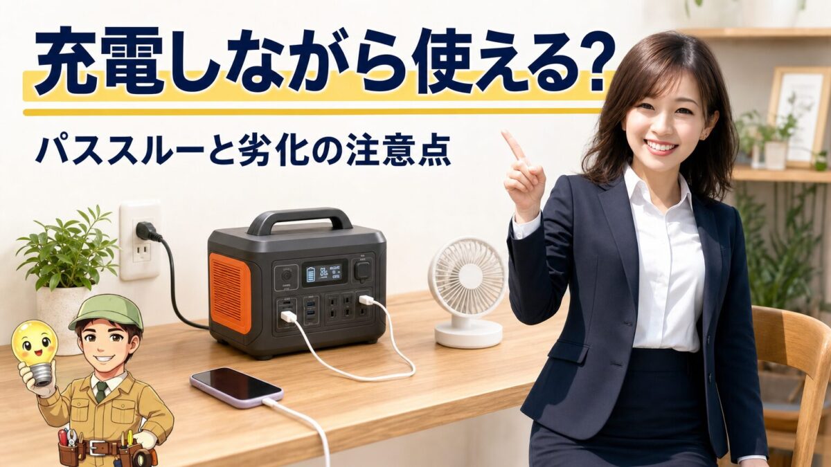 ポータブル電源を充電しながら安全に使う場面を表したアイキャッチ画像