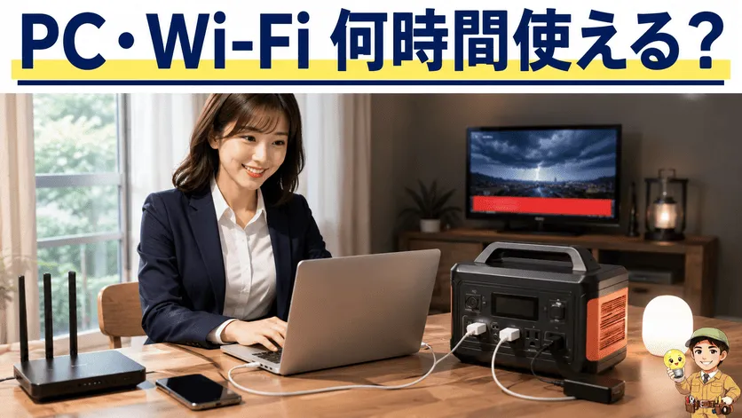 停電時にポータブル電源でノートPCやWi-Fiルーターを動かす様子