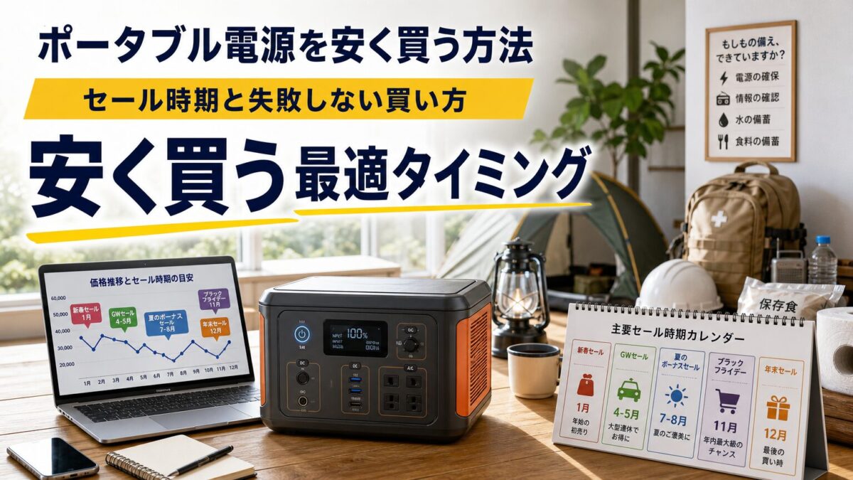 ポータブル電源を安く買うためのセール時期と賢い購入方法を表したアイキャッチ画像