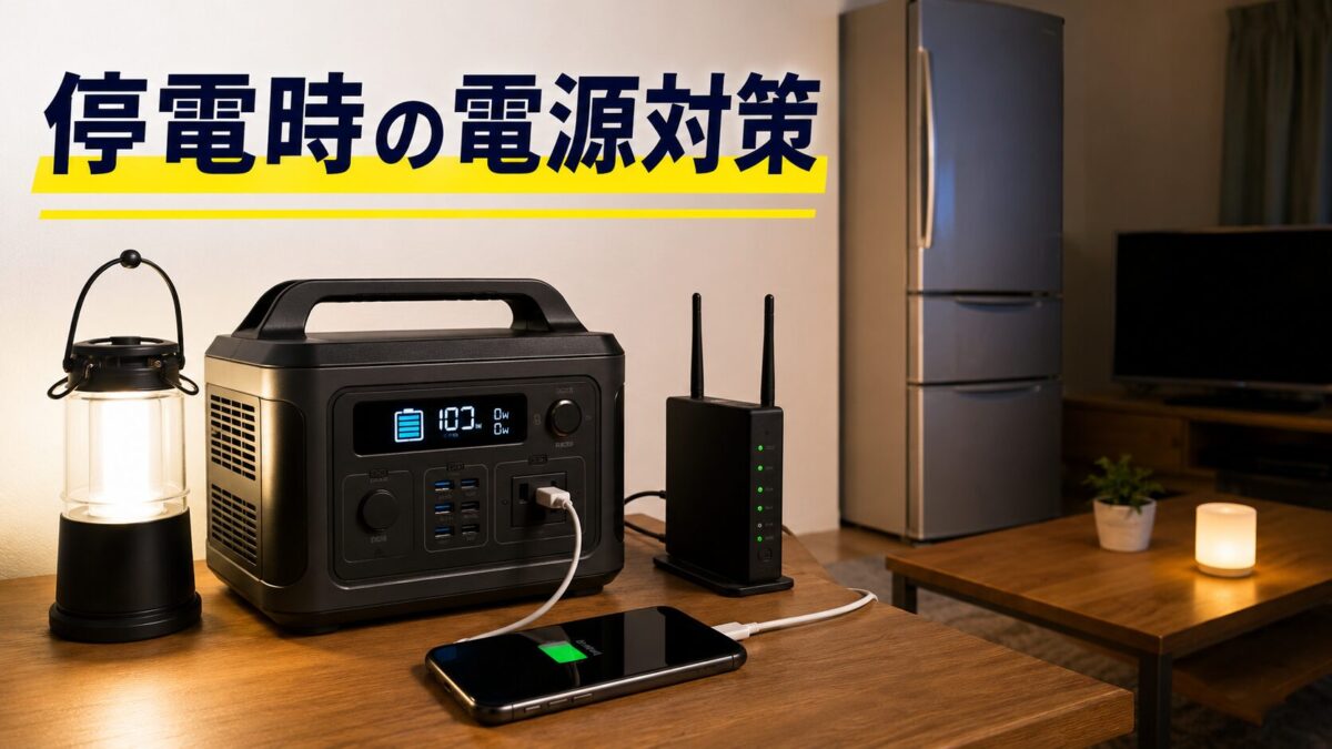 停電時に冷蔵庫やスマホ、照明、Wi-Fiを守るポータブル電源のイメージ