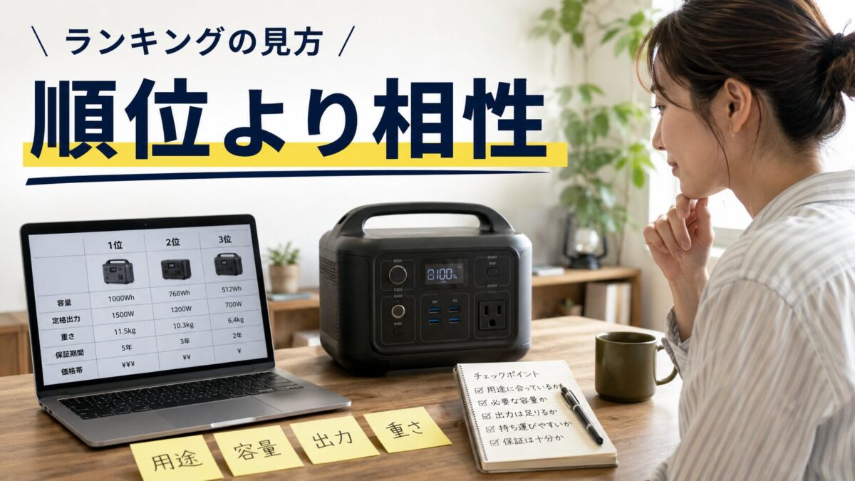 ポータブル電源ランキングを参考にしながら、自分の用途に合う一台を選ぶイメージ