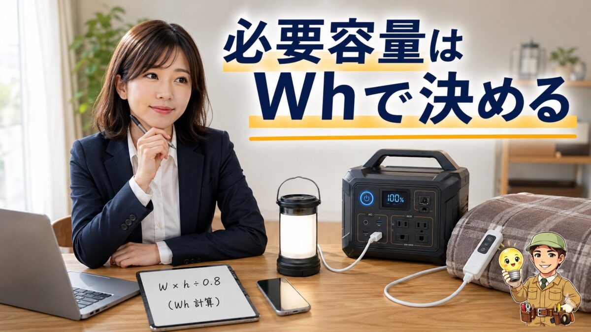ポータブル電源を中心にWh計算と必要容量の考え方を表したアイキャッチ画像