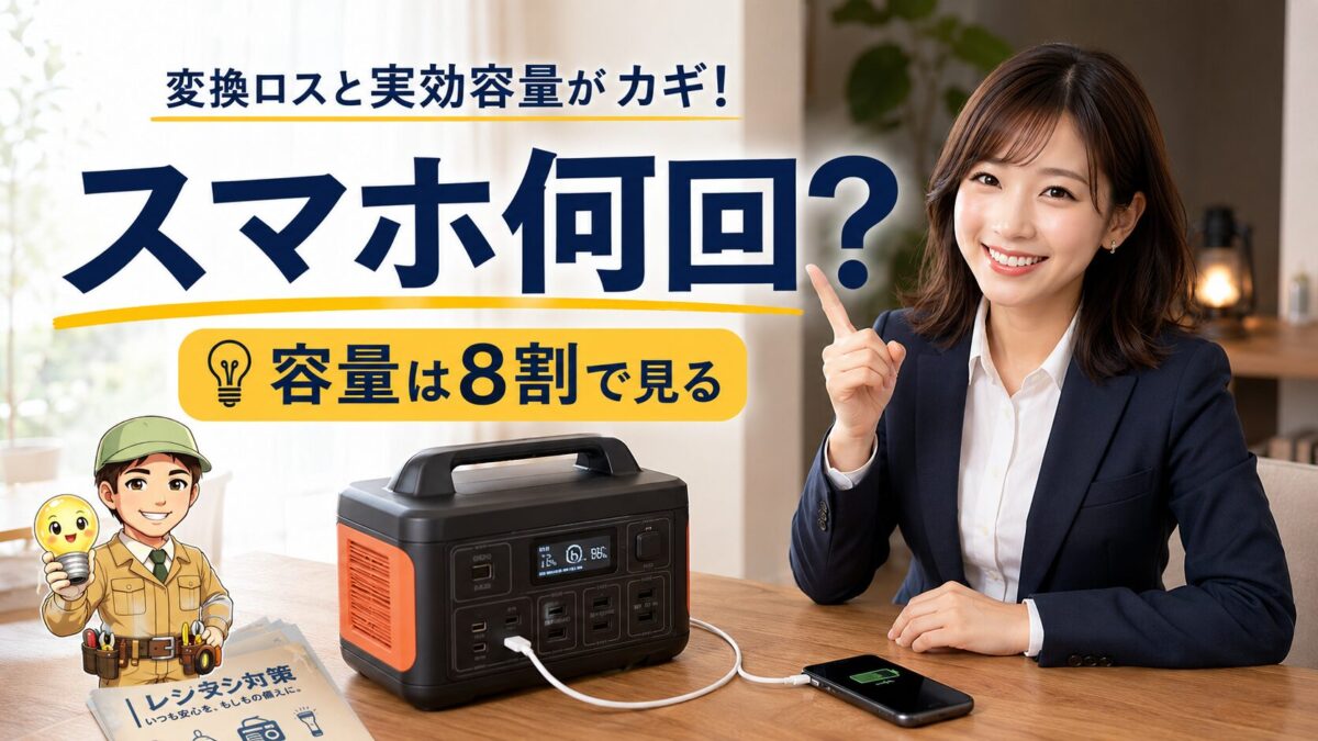 ポータブル電源でスマホを何回充電できるかを、実効容量の考え方とともに示すアイキャッチ画像