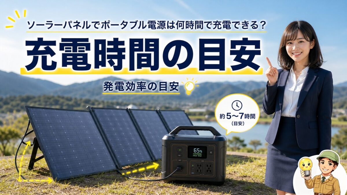 ソーラーパネルでポータブル電源を充電する時間と発電効率の目安を示す画像