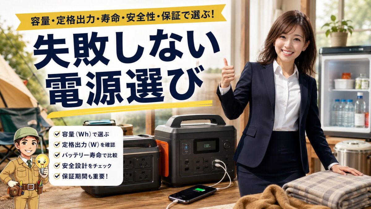 ポータブル電源の容量や出力、安全性を比較して失敗しない選び方を伝えるアイキャッチ画像