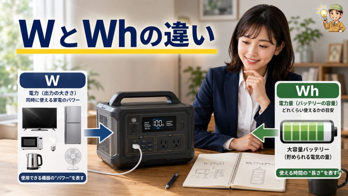 ポータブル電源のWとWhの違いをわかりやすく示した画像